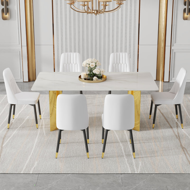 Luxurious Dining Table Set With Marble Pattern Glass Top And Golden Legs