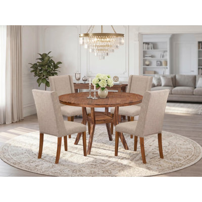 5-piece Dinner Table Set included a modern dining table and 4 Light Tan Linen Fabric dining chairs with Padded Back - Antique Walnut