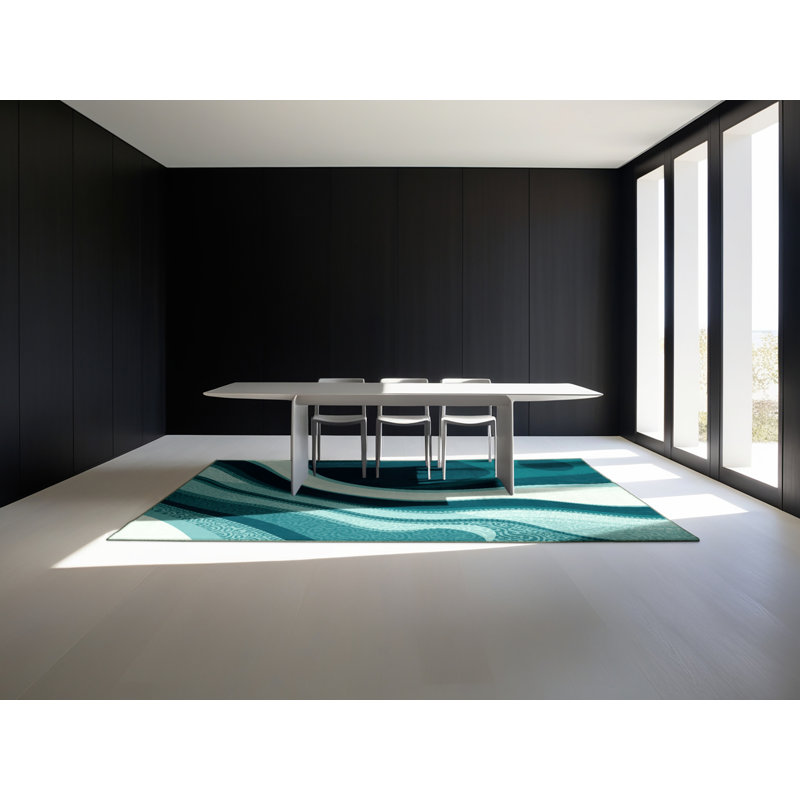 Tapis bleu abstrait lavable à la machine Panameno - Reliure vert sauge, 8 x 10