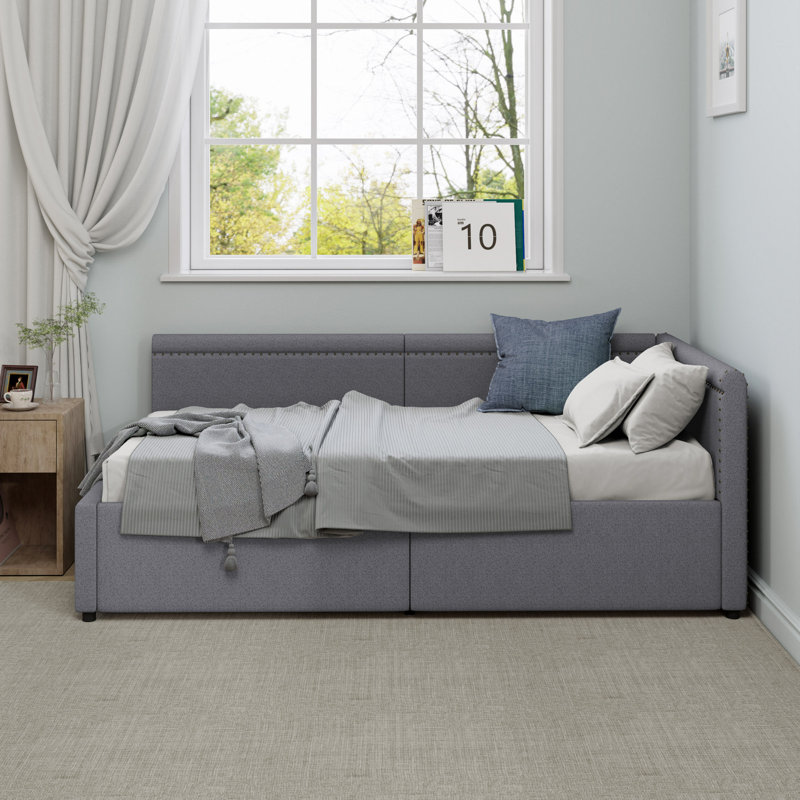 Lit de coin en L de style moderne, lit de jour rembourré en lin avec deux tiroirs de rangement, Gris