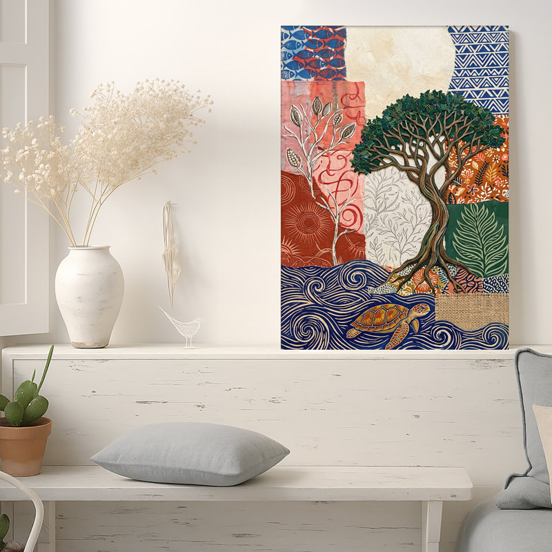 Arbre vert et tortue de mer nageant dans des vagues bleues, art mural, H 24 po x l 18 po
