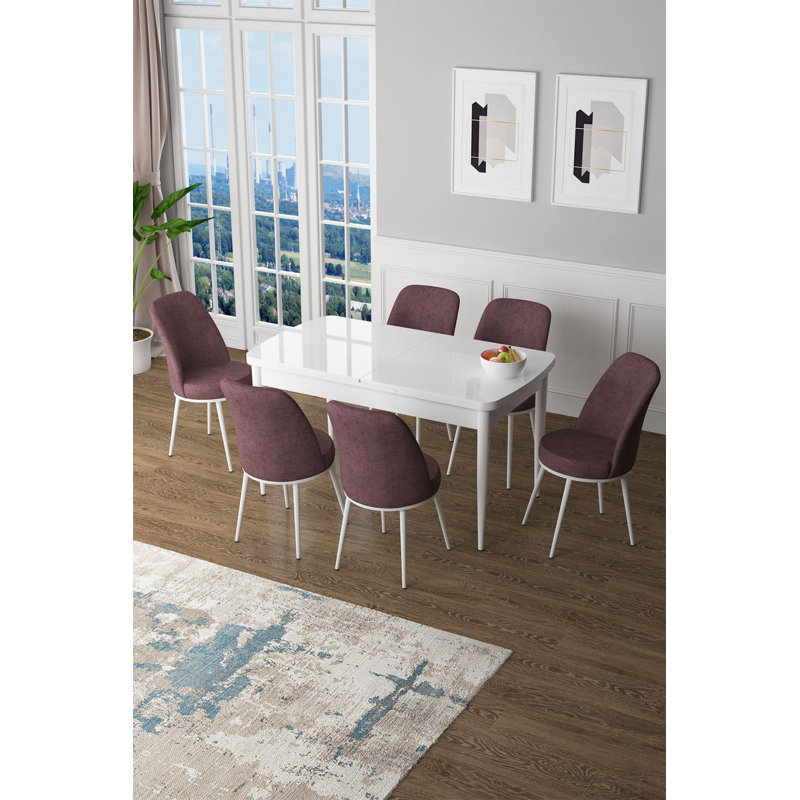 Ensemble de table et chaises de salle à manger extensible Modern (7 pièces), blanc et rose cendré | 100% panneau de fibres à densité moyenne avec pieds en métal | Table: 51,2 po x 30,7 po x 31 po (ouverture: 66,9 po) | Chaises confortables en tissu Jerry, parfaites pour les réunions de famille