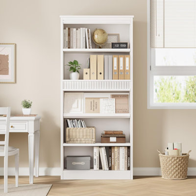 Bibliothèque 71 po en bois blanc de style campagnard avec présentoir, bibliothèque à 5 niveaux pour bureau, bibliothèque ou salon