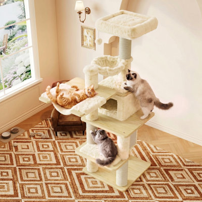 77in Multi-Level Cat Tree, Beige/Leopard, with 4.3in Thick Posts