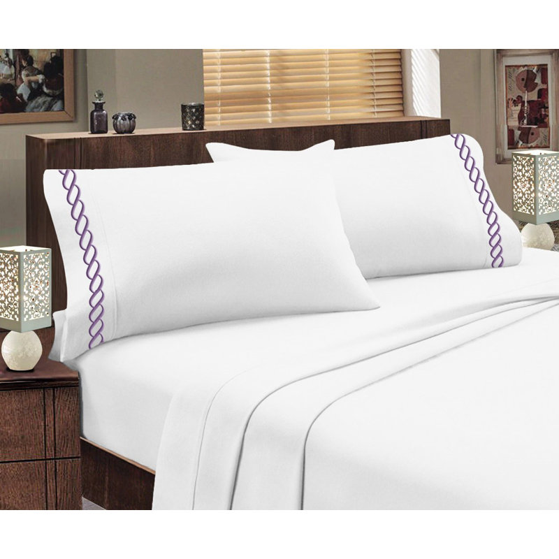 Ensemble de draps Greek, Blanc / Mauve, Ensemble de draps pour grand lit + drap-housse + 4