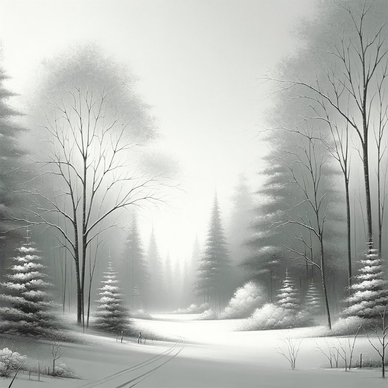 Misty Winter Grove: Forêt monochrome et sentier de neige sur toile, H 30 po x l 30 po x P 1,5 po