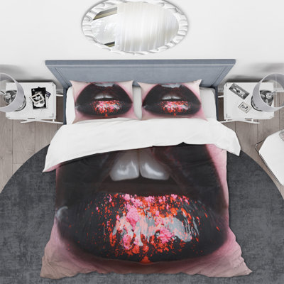 Plump Woman Lips With Black and Pink - Ensemble de housse de couette moderne - Microfibre de polyester