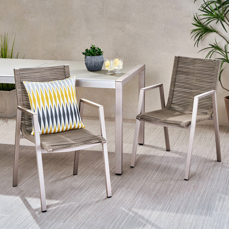 Chaises de salle à manger d'extérieur en aluminium 2 pièces avec siège en corde taupe, structure argentée, siège moderne 2, ambiance relaxante
