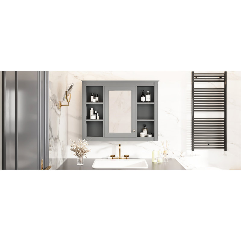 Armoire de salle de bain murale avec miroir, 35 po x 27,5 po, gris, armoire de rangement spacieuse 35 po x 27,5 po, charnières réglables à fermeture en douceur
