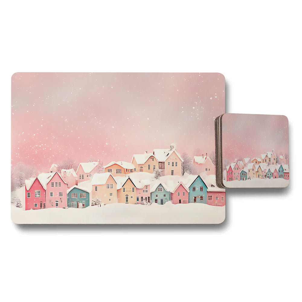 Pastel Winter Village Placemat And Coaster Set With Snowy Scene