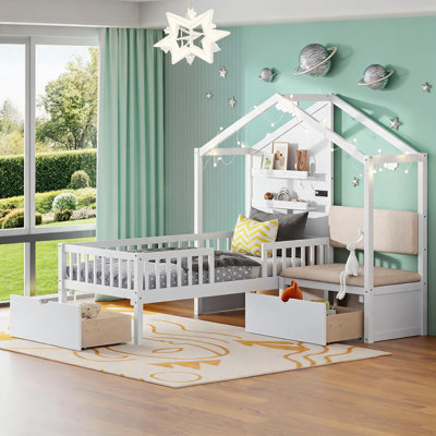 Upholstered Solid Wood Twin Size House Bed Frame, Classic White with Built-In Charging Station, Storage Drawers and Sofa for Bedroom Use
