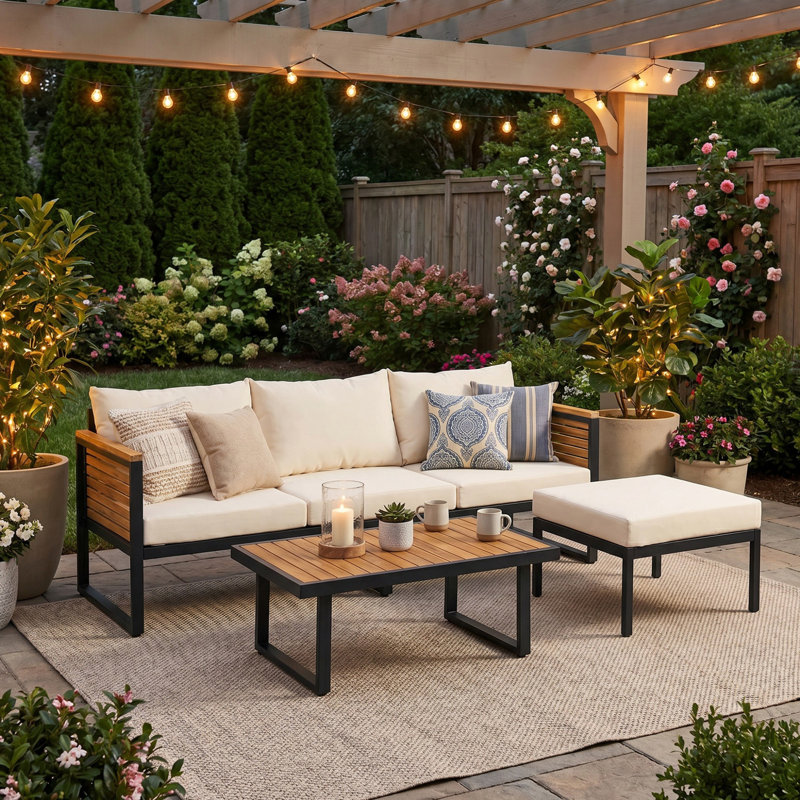 Ensemble de meubles en bois d'acacia 3 pièces, canapé de conversation avec table basse et repose-pieds, ensemble de canapé d'extérieur 3 places pour balcon de jardin