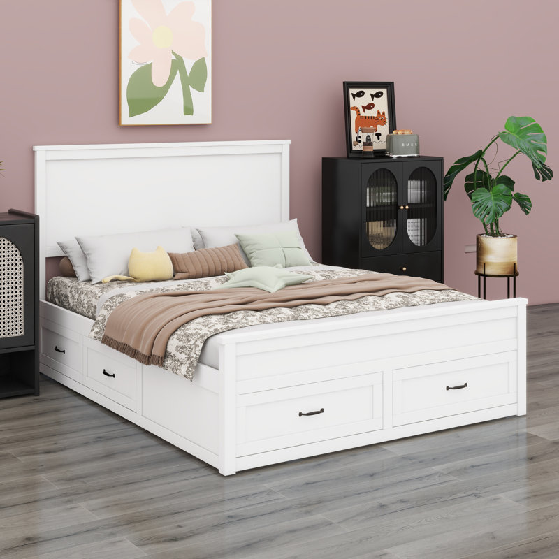 Base de lit en bois avec tiroirs, Blanc