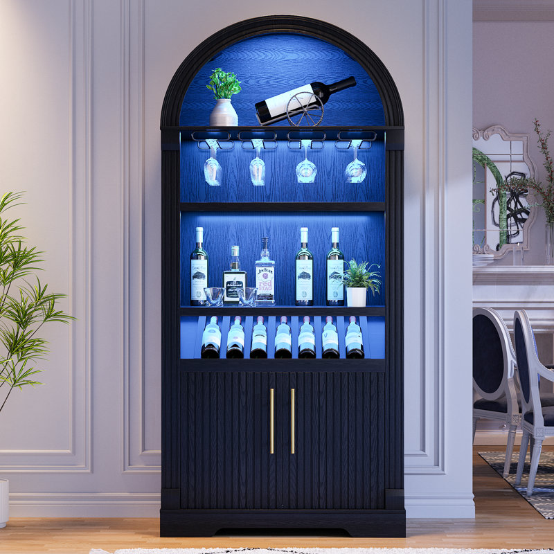 180cm H Freestanding Arch Wine Cabinets with Wine Glass Holder and Wine Rack, Bar Liquor Cabinets with Led Light & Motion Sensor