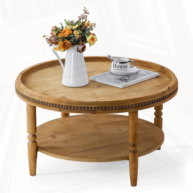 Round Boho Coffee Table With Storage Shelf