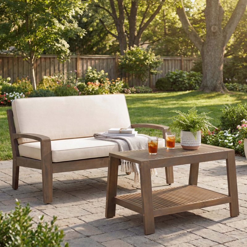 Ensemble de causeuse et table basse d'extérieur en bois d'acacia 2 pièces avec coussins, Beige, Gris