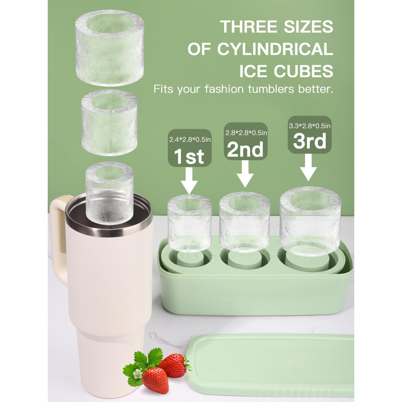Ice Cube Tray For Tumbler Cup 30Oz-40Oz, 3 Pcs Silicone Cylinder Ice Mould With Lid And Bin For Freezer, Easy Fill And Release Ice Maker For Whiskey, Cocktail BPA-Free