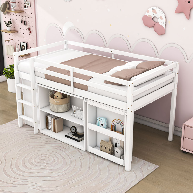 Lit mezzanine simple en bois avec tablette de rangement sous le lit, tiroirs et bureau coulissant, Blanc