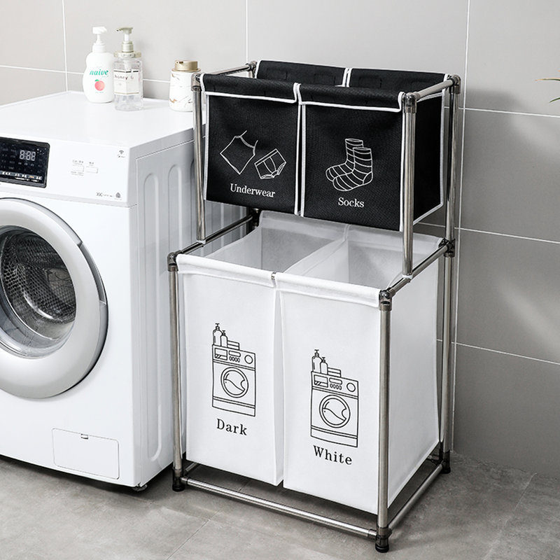 Laundry Basket With 4 Removable Bags, 2 Tier Structure, Four Wheels, Strong Frame, Sort Attire By Different Colors And Dark