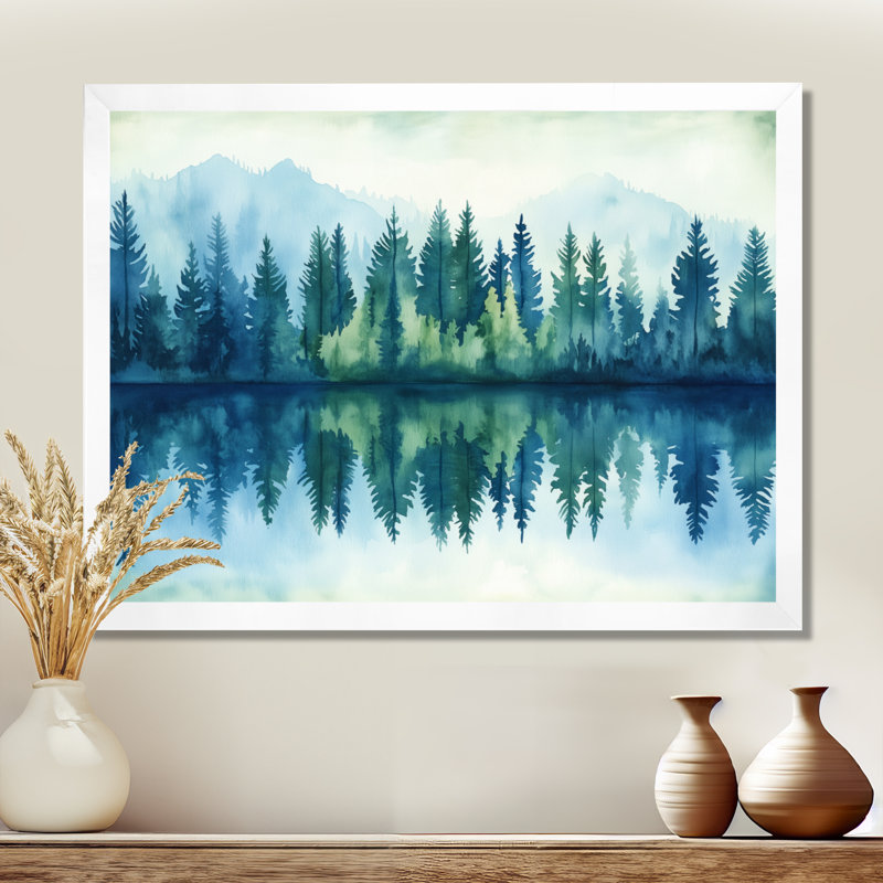 Reflet d'une rivière en forêt verte et bleue - Tableau encadré de montagnes, H 16 po x l 32 po, Cadre photo blanc