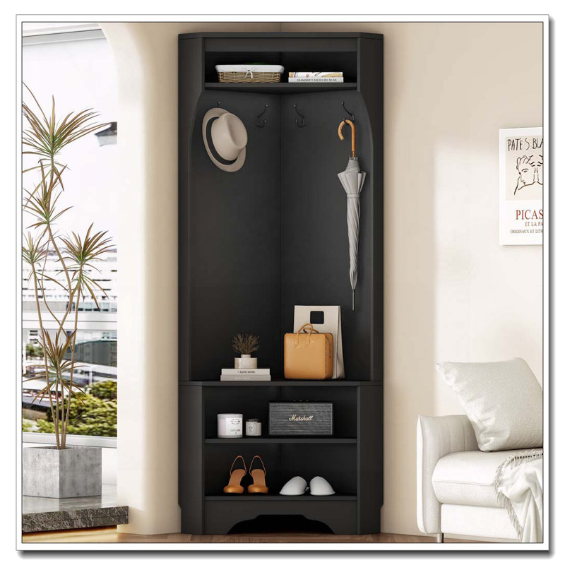 Minimalist Corner Hall Tree with Shoe Bench, Black