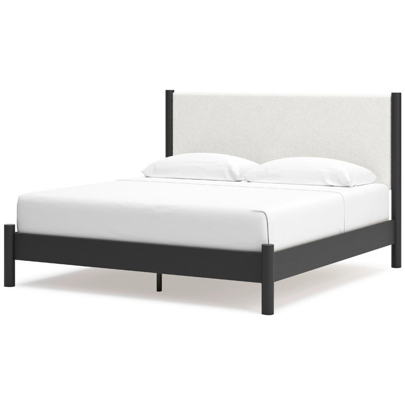 Lit très grand Mooran, revêtement en polyester blanc, bois noir moderne, Grand, Blanc / noir