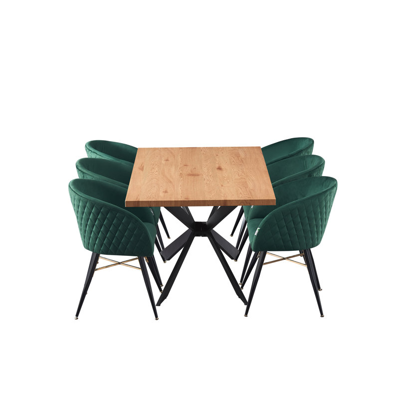 Kenery 6 Person Dining set - a Rectangular Wooden Dining Table with Metal Legs and a Set of 6 Quilted Velvet Dining Chairs for Dining Room - Modern Dining Table Set