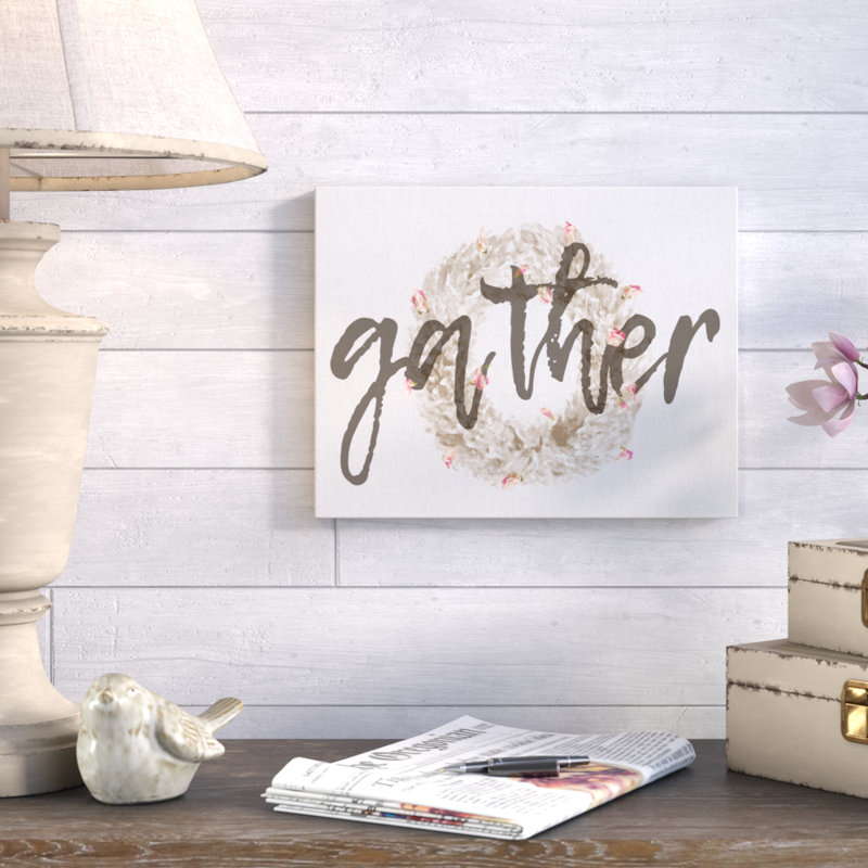 «Gather Typographie Strawflower Wreath» par Daphne Polselli, reproduction d'art textuel sur toile, Toile tendue