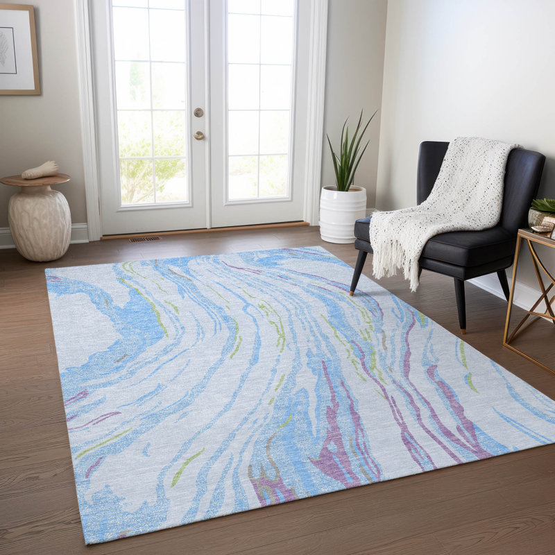 Sky Blue Synthetic Flat Woven Washable 10' x 14' Rug