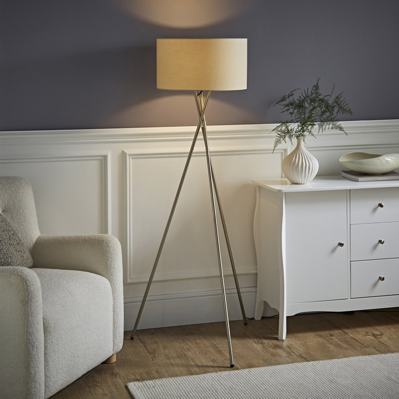 Misner 155cm Camden Tripod Floor Lamp with Large Reni Shade, Brushed Chrome , Beige, Yes