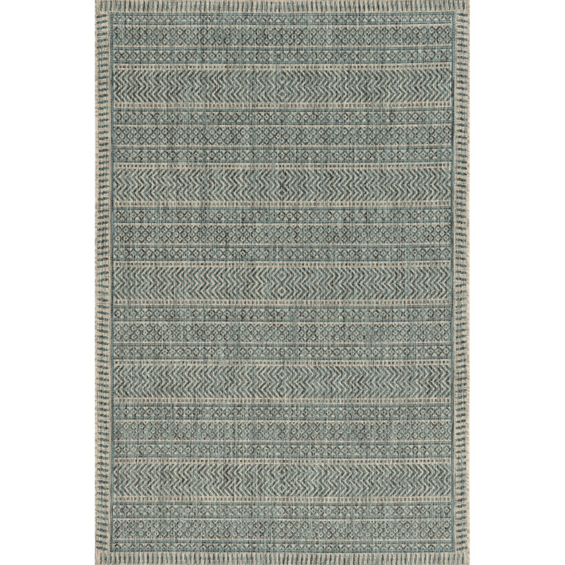 Sedona Striped Tribal Bohemian Teal/Natural Indoor/Outdoor Performance Area Rug, Rectangle 2' x 3'11"