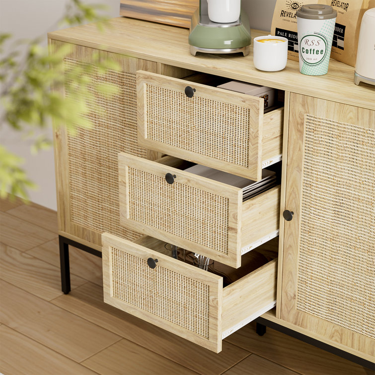 Storage Cabinet with Drawers and Rattan Basket for Living Room