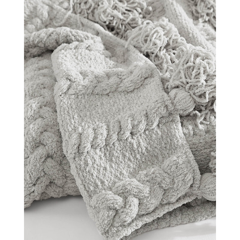 Cloud Gray Braided Pom Pom Throw Blanket