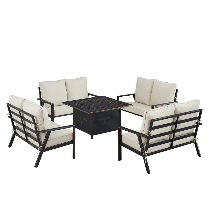 Ensemble de table de foyer en aluminium noir avec quatre causeuses profondes, Gris clair