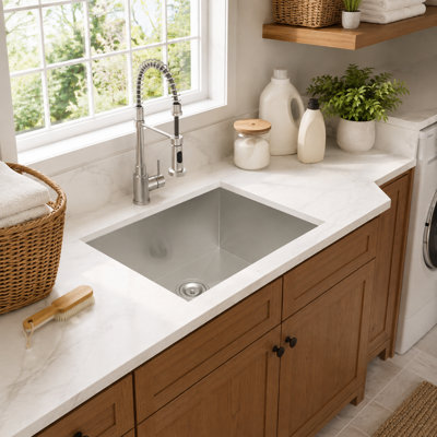 25" Drop‑In Topmount Utility Laundry Sink, 25"L x 22"W x 12"H Deep Single‑Bowl Basin, 16‑Gauge T‑304 Stainless Steel Heavy‑Duty Sink, Includes Drain Strainer, No Extra Accessories for Laundry Room, Garage & Basement