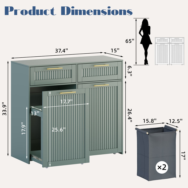 Armoire à panier à linge coulissante avec doublure et tiroir amovibles, 15"D x 37.4"W x 37.8"H, Green