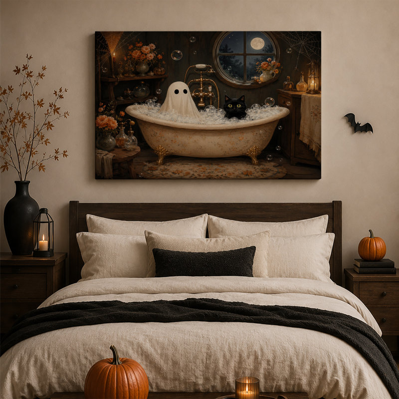 «Ghost and Black Cat in Moonlit Bathaign», art mural sur toile, H 12 po x l 18 po