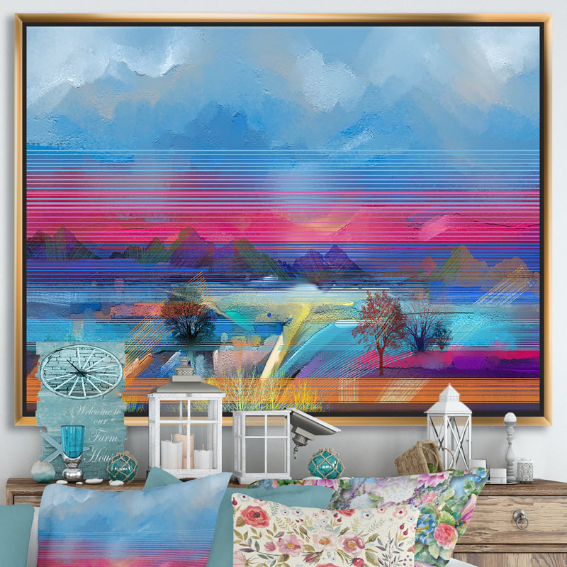 Abstrait peint à la main ciel coloré - reproduction d'art sur toile, H 30 po x l 40 po x 1,5 po, Toile encadrée d'or
