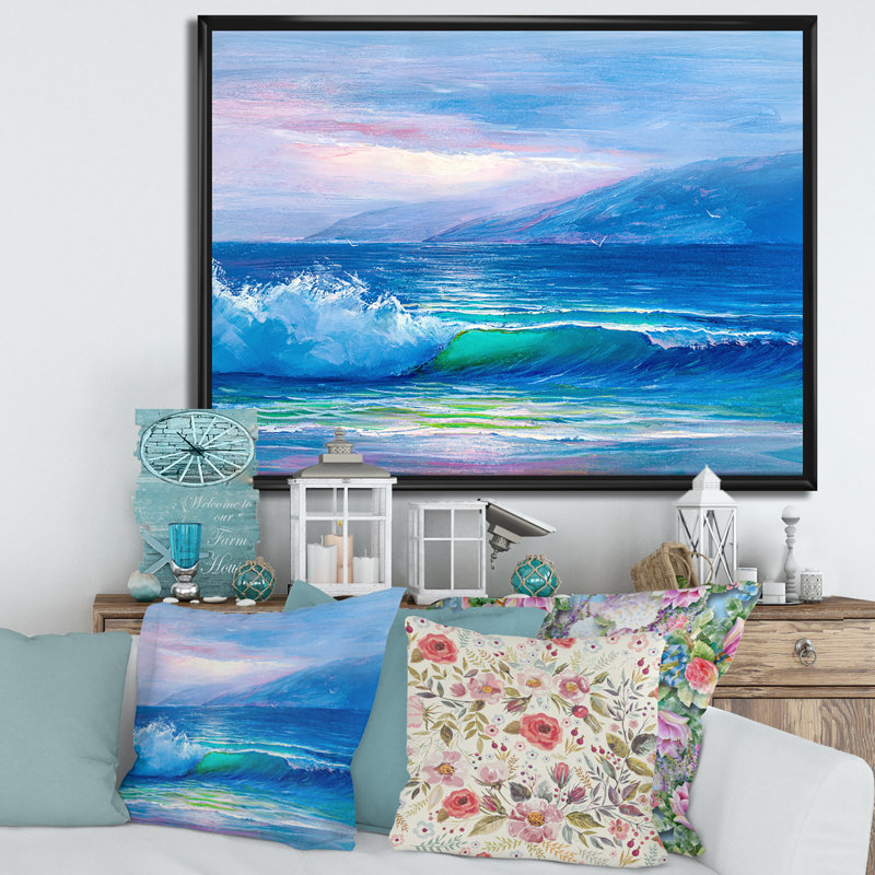 «Blue Waves Breaking At The Beach II», peinture sur toile, Cadre photo noir, H 24 po x l 32 po x P 1 po