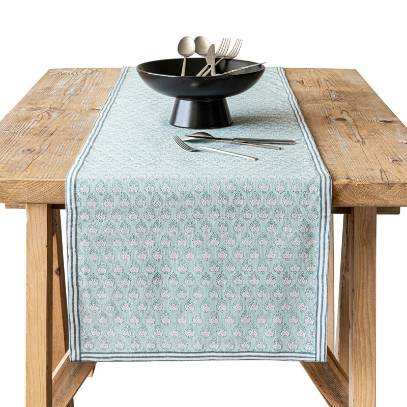 over&back Hand-Blocked Printed Cotton Table Runner, 18" W x 108" L, Blue Leaf