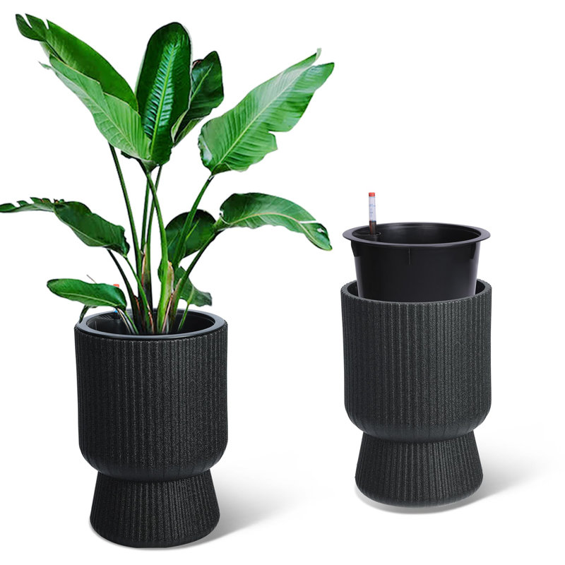 14 Inch Plant Pots, Self Watering Planters Set of 2 with Drainage Holes,Outdoor＆Indoor Black Planter Pots, Planter Pots with Inner Bucket and Water Level Monitor, for Patio, Porch, Living Room