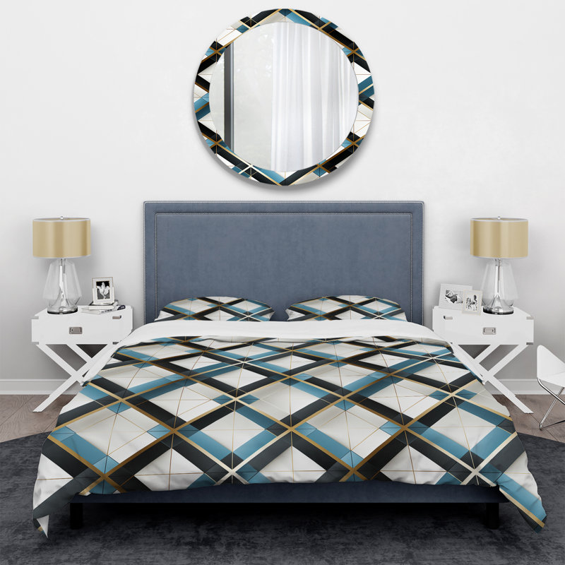 Literie blanche et bleue Urban Gridlock Channel, Housse de couette pour grand lit et 2 taies décor