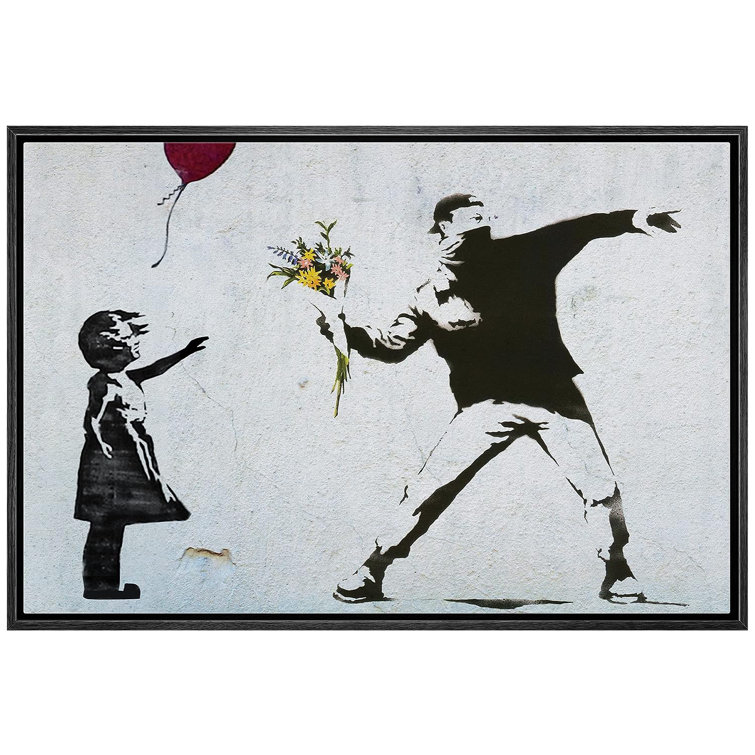 Wall26 Framed Canvas Print Wall Art Banksy Flower Thrower & Balloon Girl Graffiti & Street Art Pop Culture Illustrations Pop Art Bohemian Dark for