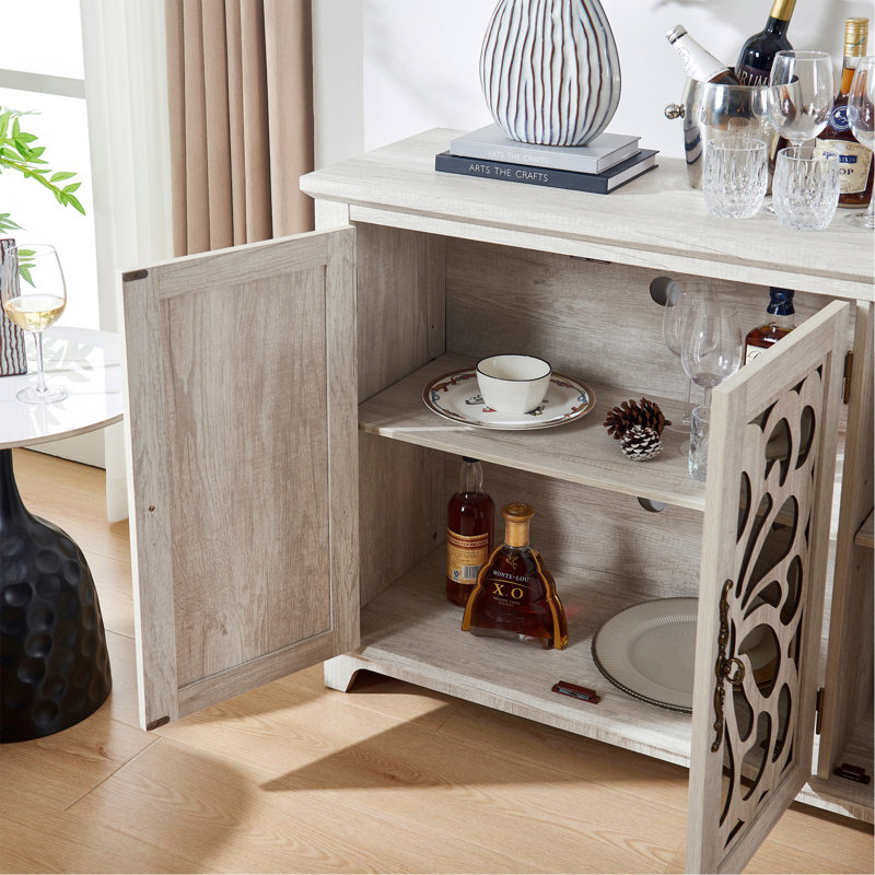 Armoire de rangement autoportante autoportante, buffet en MDF, portes sculptées en miroir en acrylique, tablette réglable, comptoir spacieux, sangles anti-basculement, assemblage facile dans la cuisine du couloir du salon