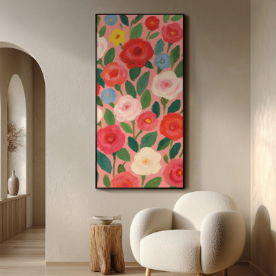 Très grande reproduction d'art sur toile - Fleur de rose colorée florale sur fond rose pour décorer une œuvre d'art pour le salon ou la chambre à coucher - «Assemblage requis du cadre (cadre non fini)»