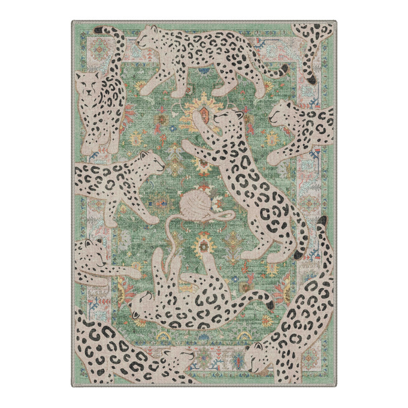 Tapis vert à imprimé léopard Allandale lavable à la machine avec envers antidérapant, Vert sauge, Rectangle 9 pi x 12 pi