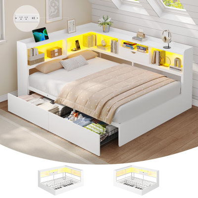 Full Corner Daybed Bed Frame With Storage Bookcase And 2 Drawers, Full Size Daybed With Led Lights And Charging Station, Full Platform Bed Frame For Teen/Adults, White