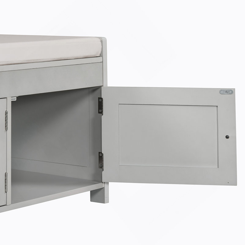 Banc de rangement avec 3 portes en forme de volet, banc à chaussures avec coussin amovible et rangement caché, Gris délavé