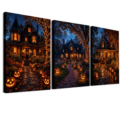 Maisons victoriennes avec citrouilles lumineuses - Ensemble de 3 toiles murales pour l'Halloween