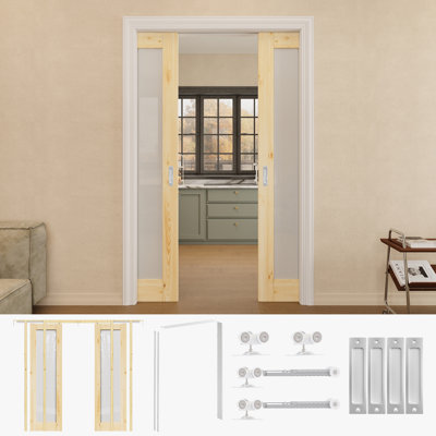 Porte en bois de pin massif 36 po x 80 po avec porte coulissante double en verre givré 1-Lite avec quincaillerie argentée et cadre de porte blanc